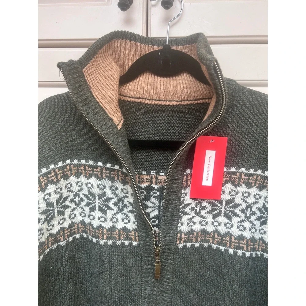 Mens Fair Isle Snowflake Zip Up Sweater Jacket Green‎ Tan White Size M Winter